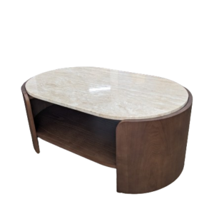 Table basse ovale bois teinté noyer et travertin ELIPSE