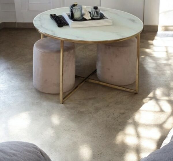 Tables d'occasion, 2eme main. Table basse westing effet marbre ronde blanche