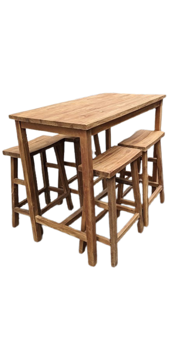 Table haute et 4 tabourets en bois recyclé - bois clair