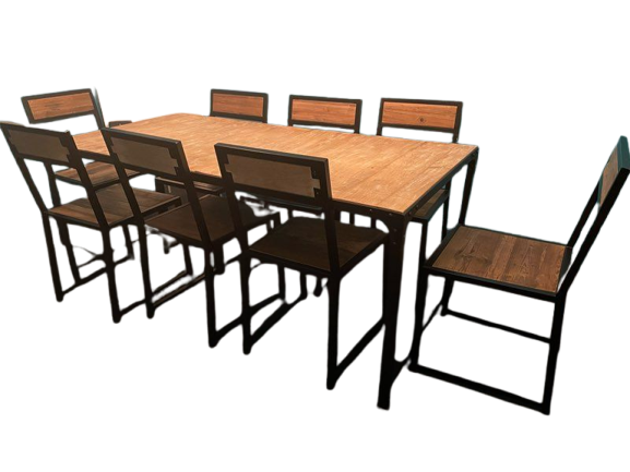 Table style industriel métal et bois + 8 chaises