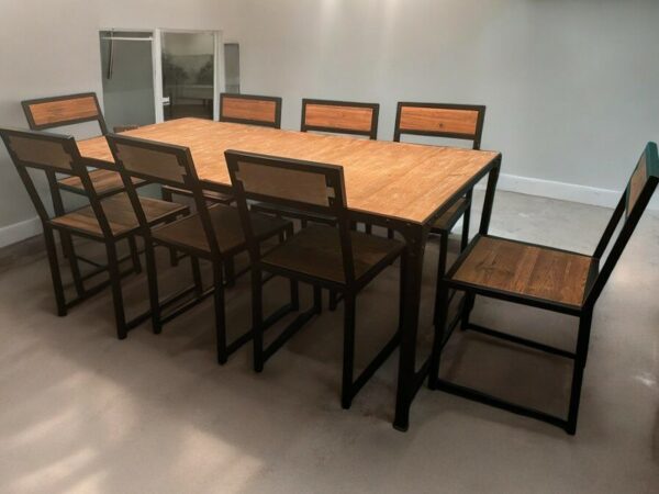 Table style industriel métal et bois + 8 chaises – Image 2