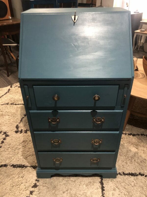 Secrétaire / Bureau ancien en bois repeint en bleu – Image 2