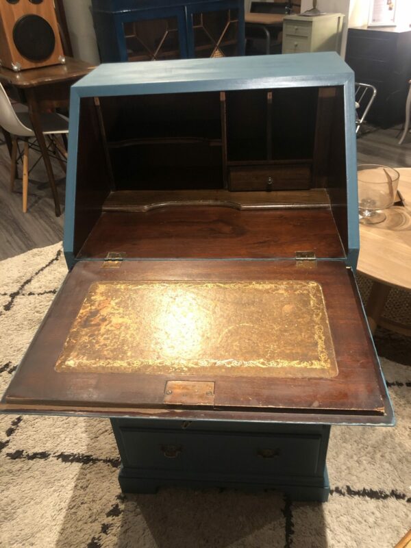 Secrétaire / Bureau ancien en bois repeint en bleu – Image 5