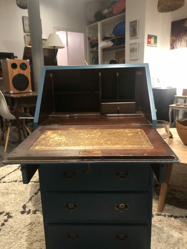 Secrétaire / Bureau ancien en bois repeint en bleu – Image 7