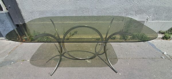 Table de salle à manger vintage en verre fumé et acier chromé – Image 4