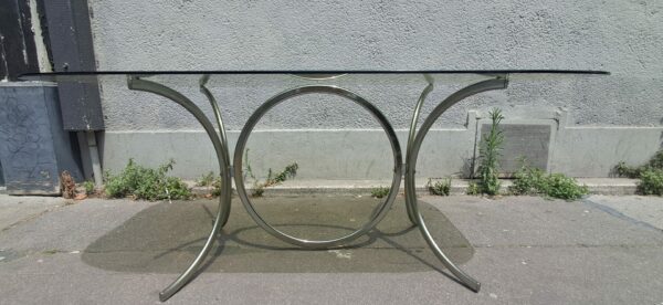 Table de salle à manger vintage en verre fumé et acier chromé – Image 2