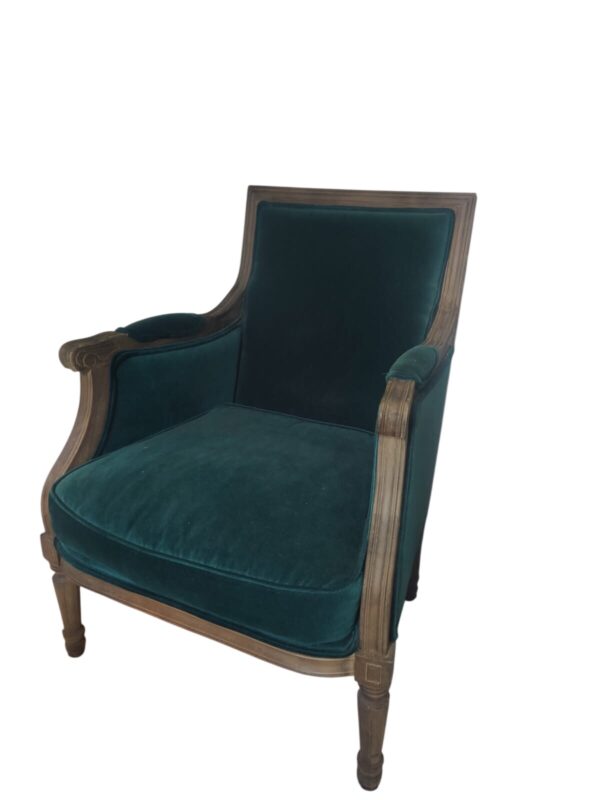 Fauteuil ancien retapissé tissu vert canard