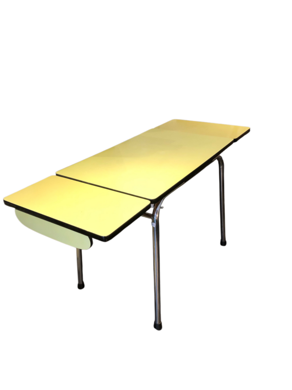 Table Formica jaune, ses 2 rallonges et tiroir 70’s