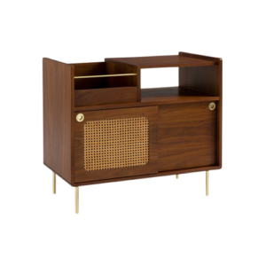 Meuble vinyles en plaqué noyer et cannage, Redpop