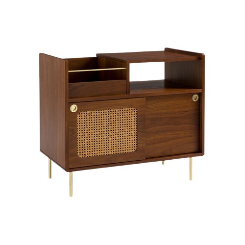 Meuble vinyles en plaqué noyer et cannage, Redpop