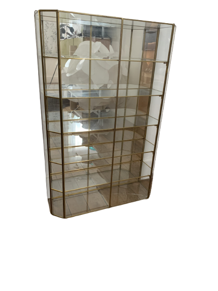 Vitrine vintage en verre, laiton et fond miroir