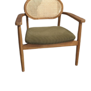 Fauteuil en teck massif, cannage et velours