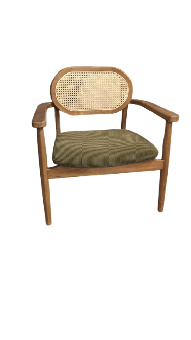 Fauteuil en teck massif, cannage et velours