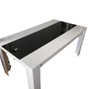 Table à manger bois blanc et verre noir central