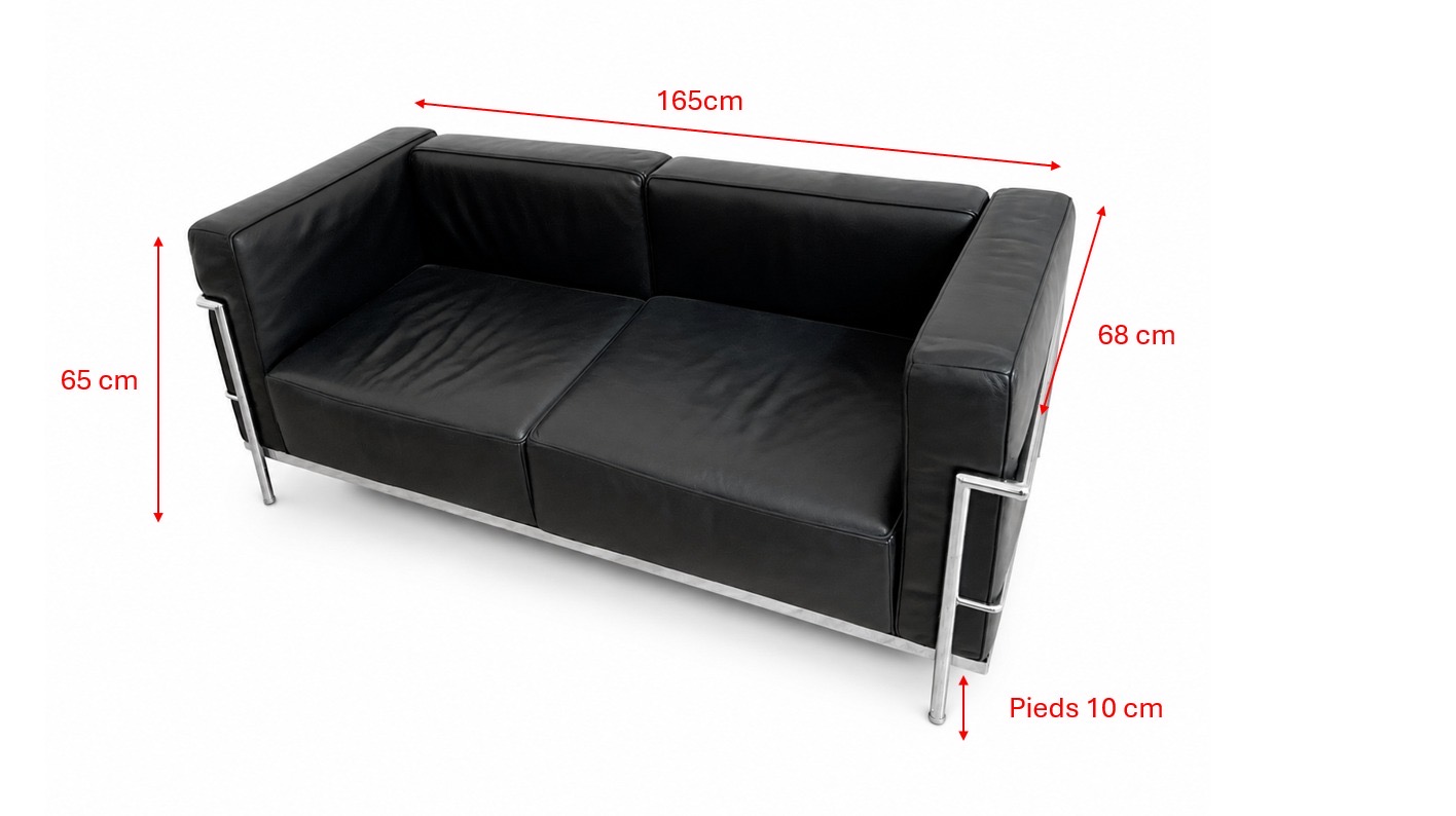 Canapé en cuir noir style LC2 (Le Corbusier) – Image 4