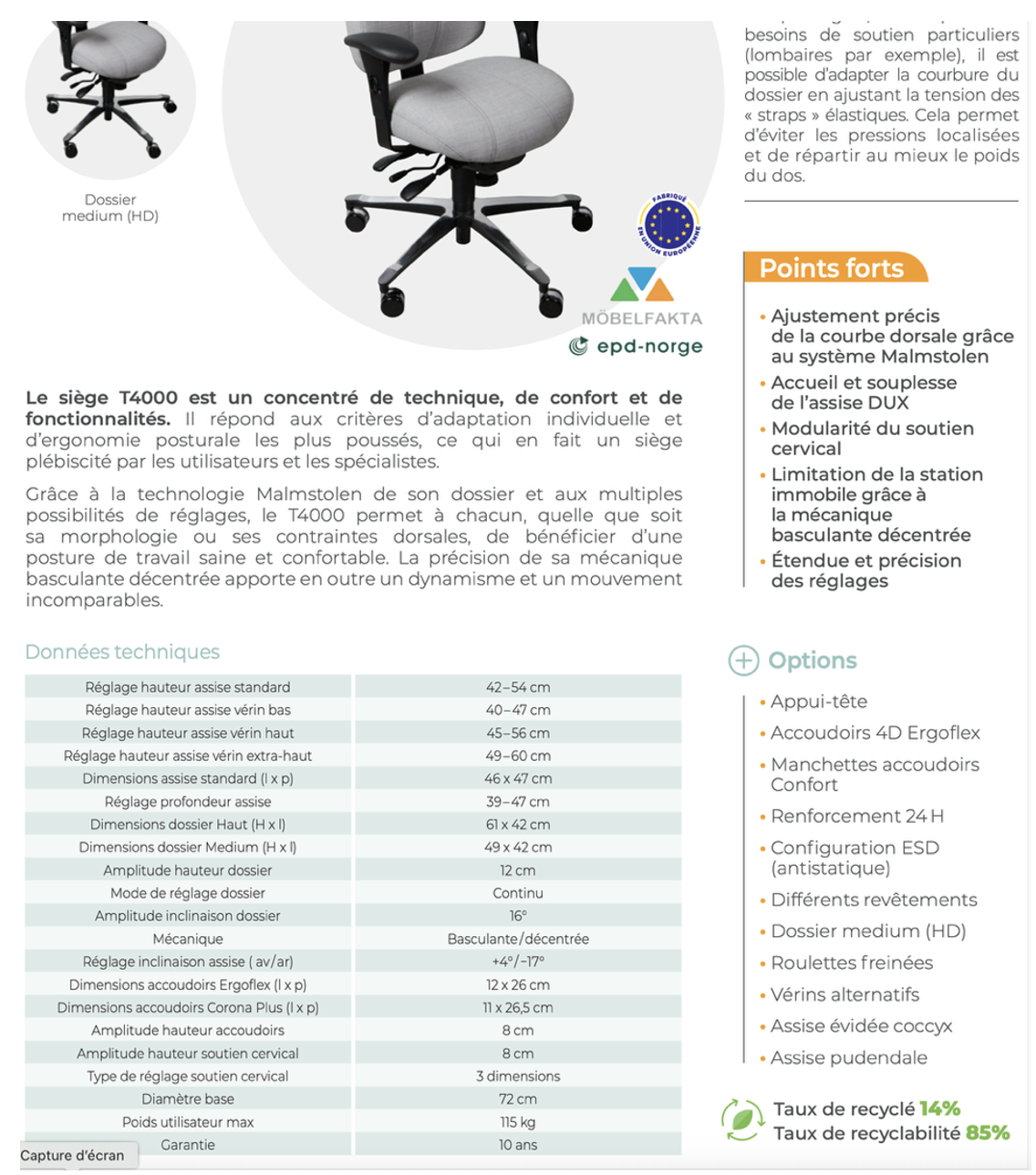 Fauteuil bureau ergonomique cuir pleine fleur noire Modele T4000 Parfait Etat – Image 4