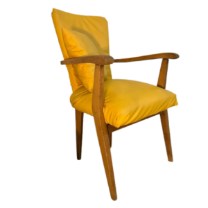 Fauteuil scandinave restauré (bois massif, jaune bouton d’or)