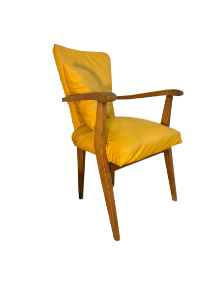 Fauteuil scandinave restauré (bois massif, jaune bouton d’or)